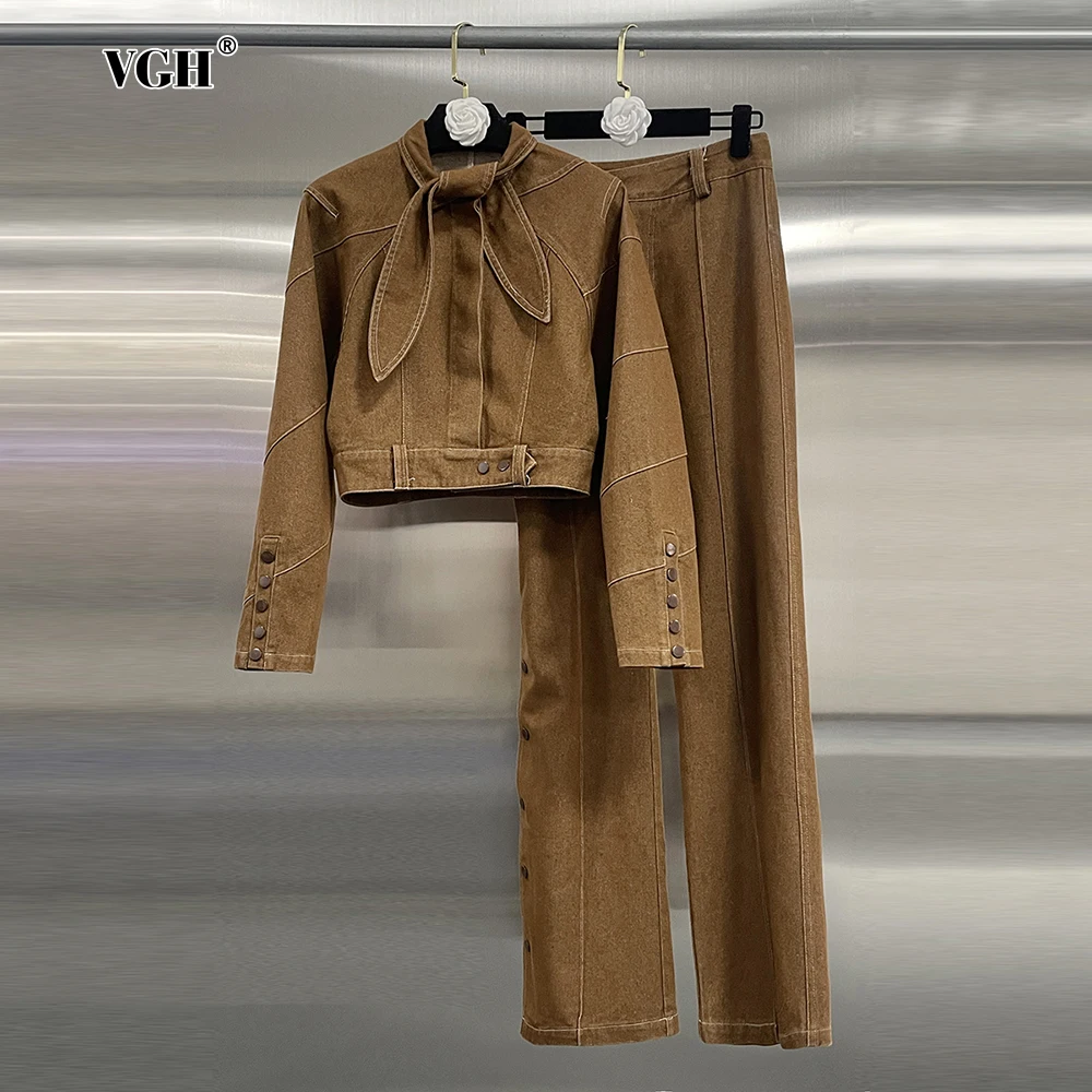 

VGH Catwalk Two Piece Set for Women Scarf Collar Long Sleeve Short Top High Waist Patchwork Buttons Pant Retro Style Suit Female