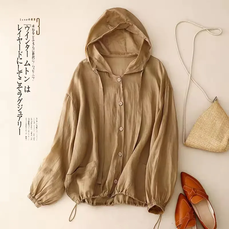 패션 코튼과 린넨 까마귀 여성 탑 여름 새로운 한국어 캐주얼 긴 소매 태양 보호 기본 셔츠 얇은 블라우스 여성