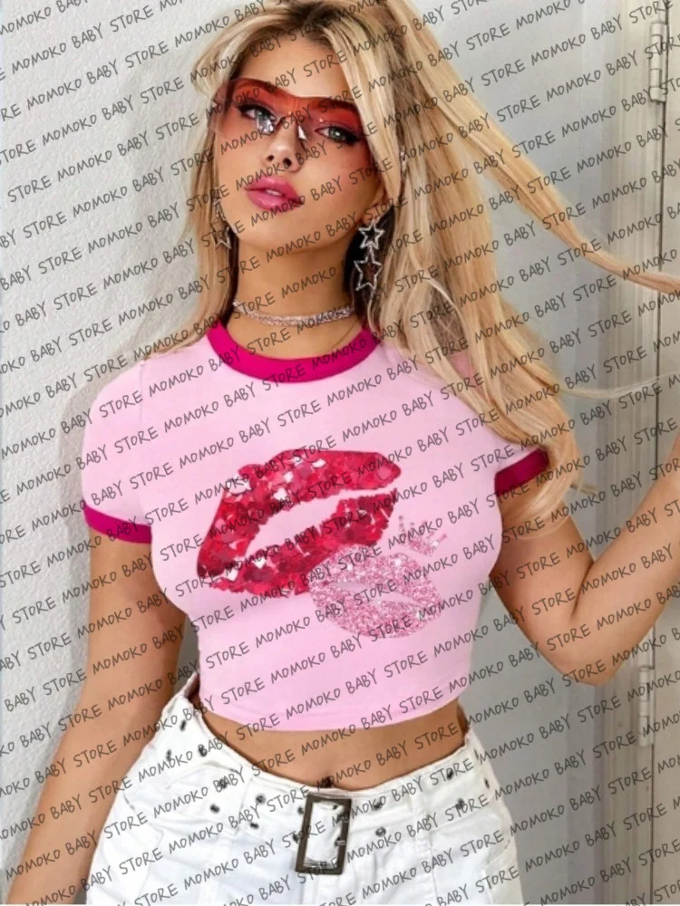 

Summer Hot Sale Spicy Girl Crop Top For Women Sexy Lip Pattern Short Sleeve Tshirt American Street Tee Best Friend Y2K Crop Top
