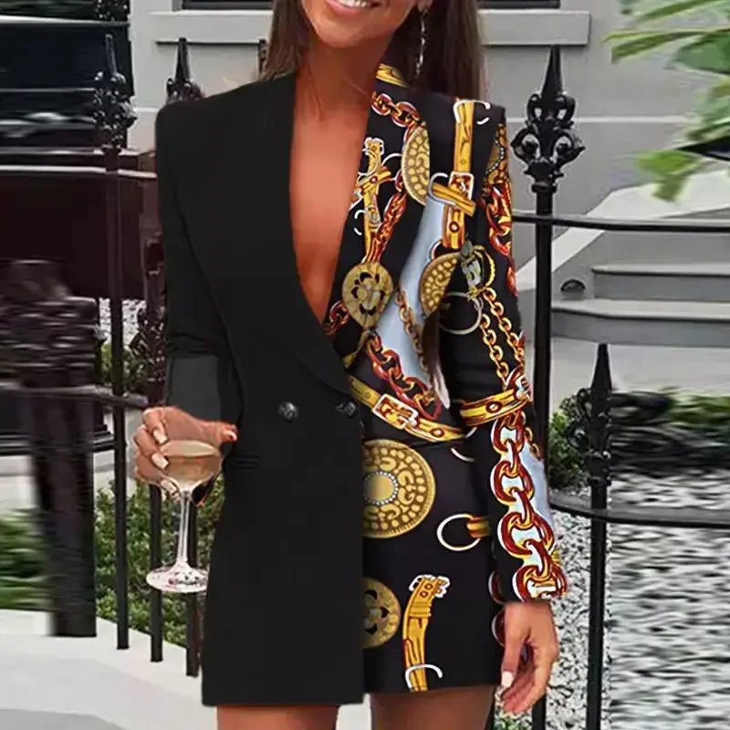 Payetler Patchwork Blazer Elbise Kadın Moda Seksi Uzun Kollu Yaka Yaka V Boyun Kruvaze Uzun Ceket Kokteyl Elbisesi