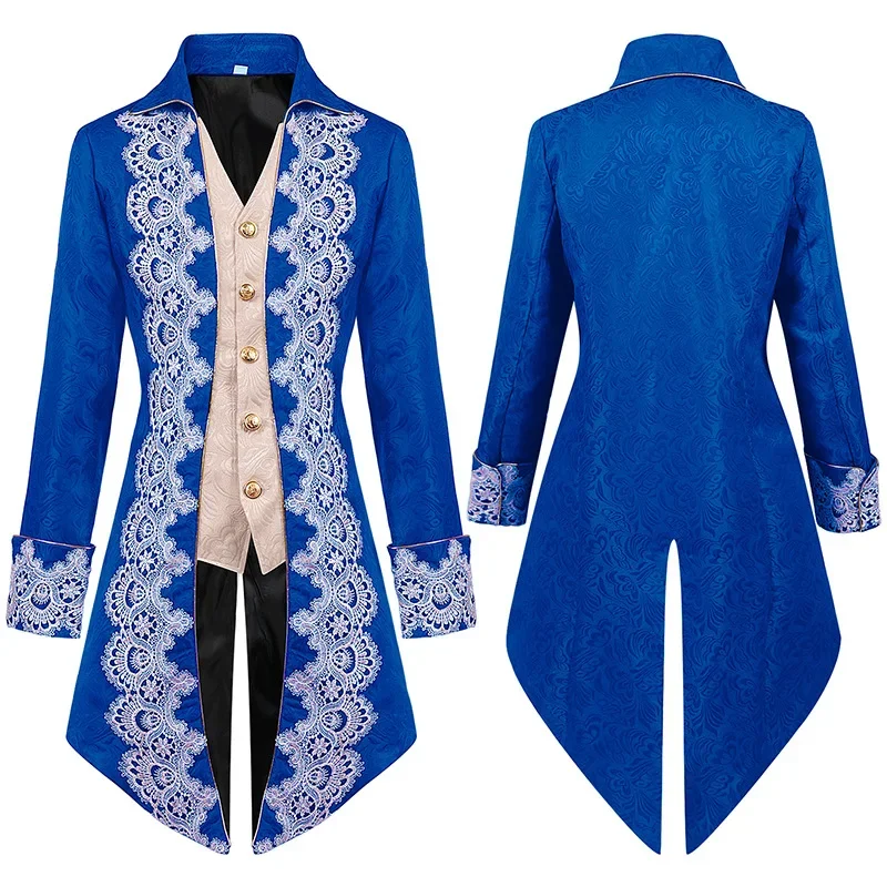 Blue Embroidery Medieval Steampunk Tailcoat Halloween Costume Men Renaissance Gothic Jacket Vintage Victorian Frock Coat Uniform