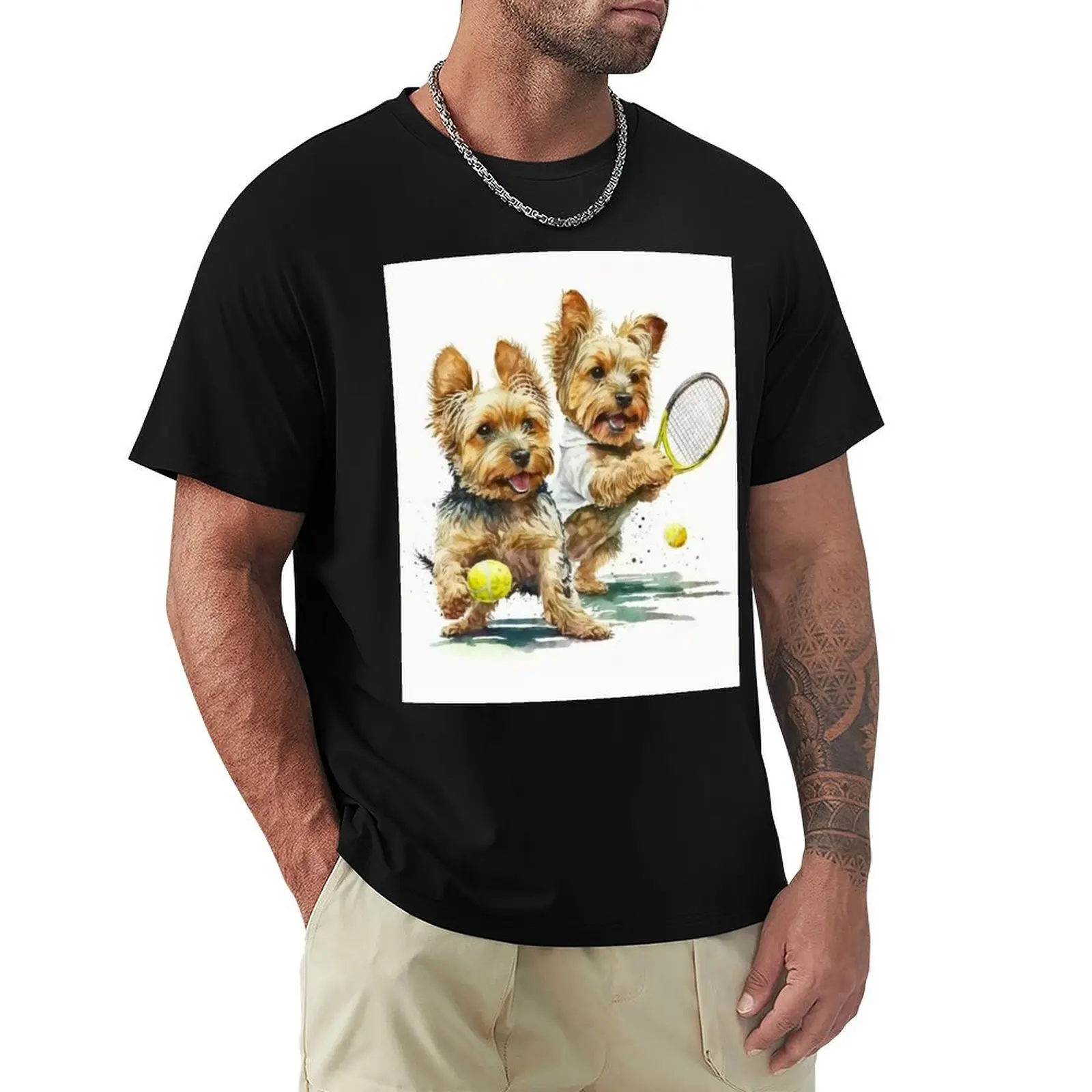 

Yorkshire Terrier Dogs Playing Tennis in Wagging Wonders T-Shirt Large Size Loose Casual Tee