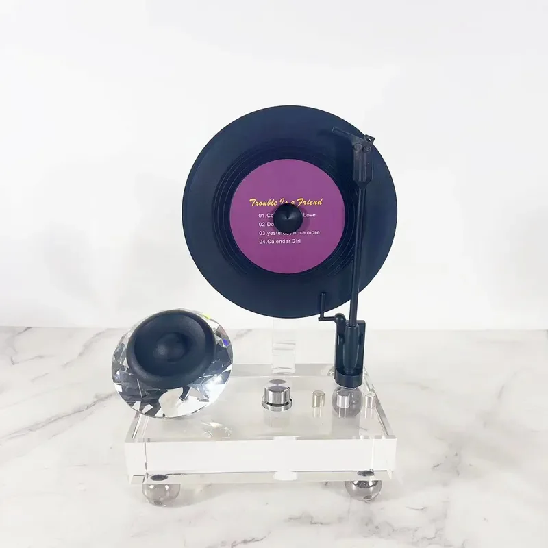 Vintage Crystal Glass Vinyl Record Player Ornament Modern Retro Home Decor for Living Room Study Entrance Shelf Jewelry