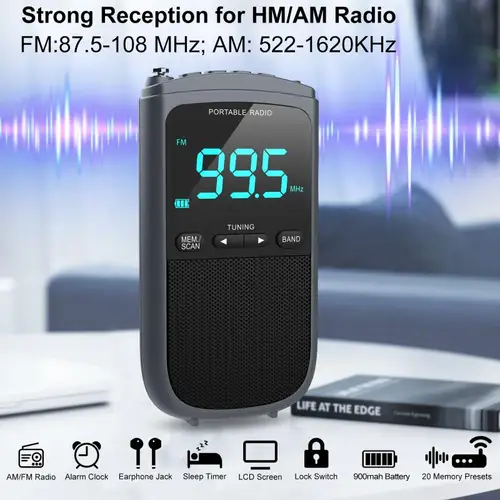 Imagen 2 del producto Mini Radio portátil AM/FM, receptor de bolsillo, altavoz estéreo, Radio recargable con reloj despertador para transmisión meteorológica al aire libre