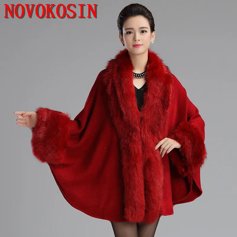 8 Colors Winter Warm Long Batwing Sleeves Knitted Faux Fur White Dark Wine Red Poncho Cape Cashmere Women Loose Streetwear Coat