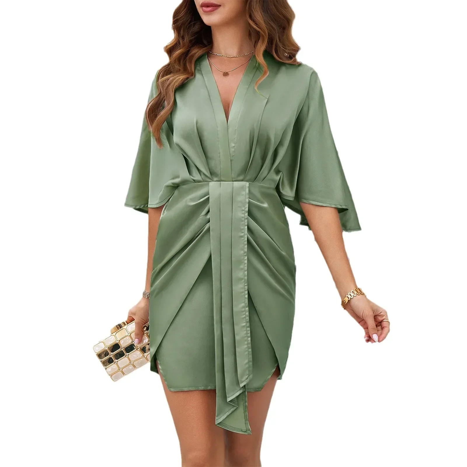 LIBIELIY Spring Autumn Women's Elegant V Neck Dress High Waist Half Sleeve Dress Solid Color Satin Formal Knee Length Dresses Fo