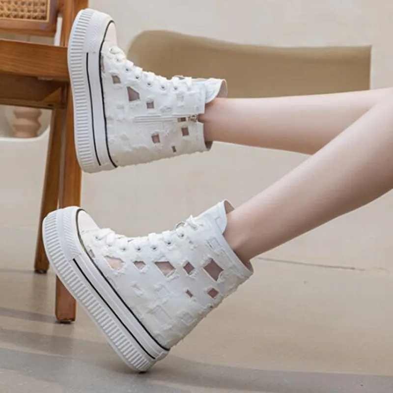 13cm New Height Increase Women's High Top Canvas Shoes Design with Buckle and Zipper Simple Women's Sneakers 2026 Casual Shoes