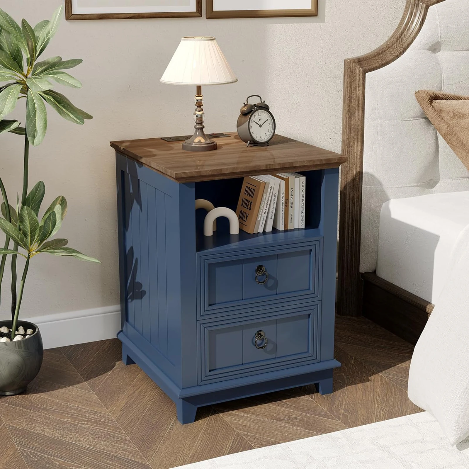 

18" Nightstand with Charging Station Modern Farmhouse Bed Side Table With 2 Drawers & Open Shelf For Bedroom Living Room