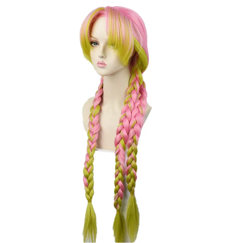 Kanroji-Peluca de Cosplay Mitsuri, trenzas largas, cabello sintético resistente al calor