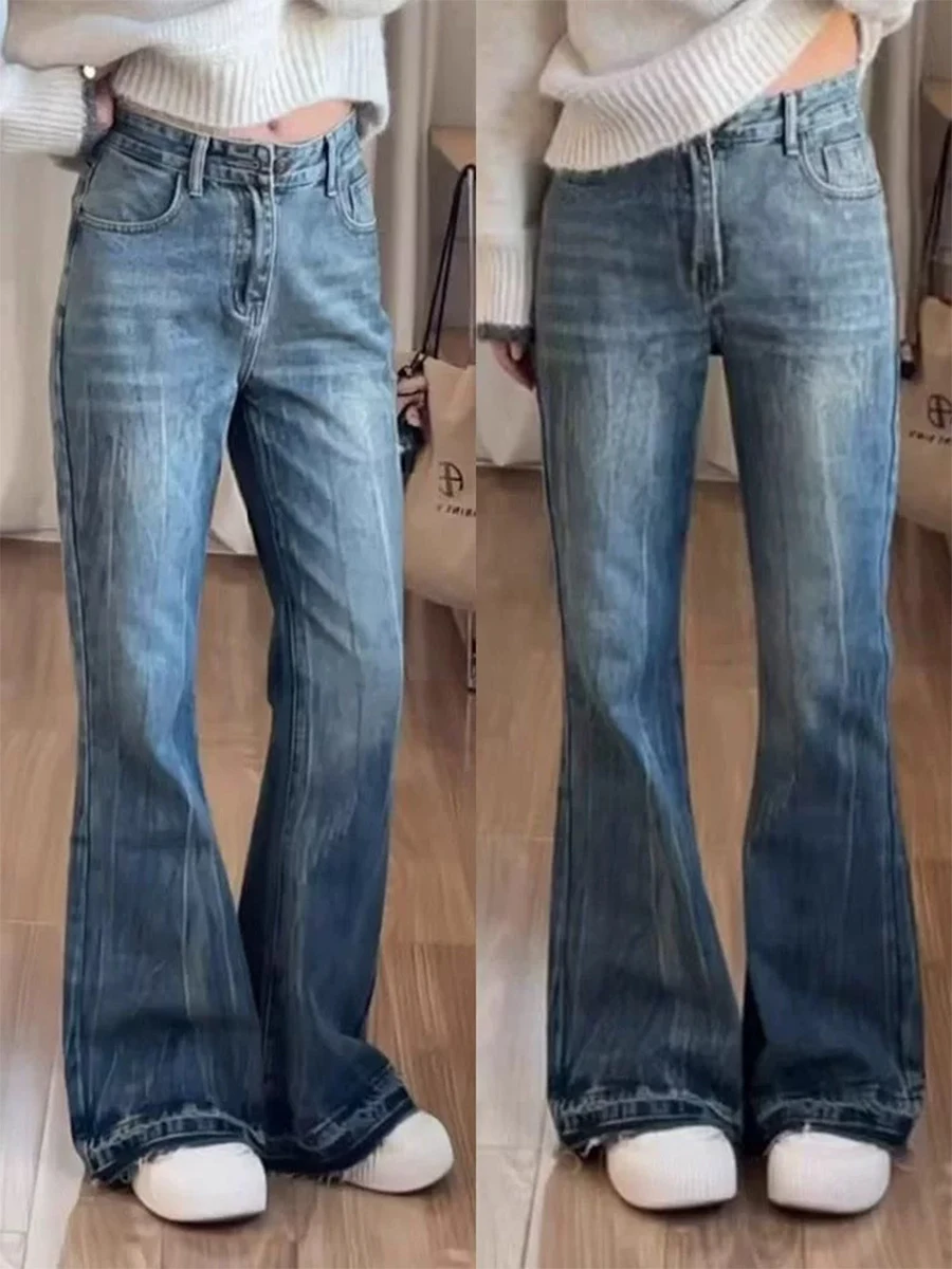 

Джинсы-клеш в американском ретро-стиле больших размеров для женщин, весна-осень, свободные, приталенные, с высокой талией, прямые, в пол