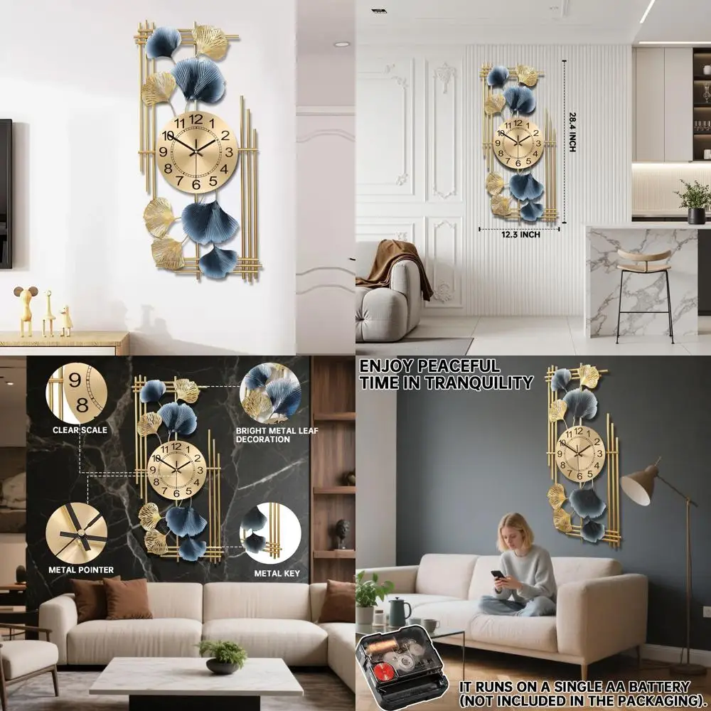 

Silent, Battery-Powered Oversized Square Wall Clock, Modern Ginkgo Leaf Design, 12.3x28.4 Inches for Home Decor
