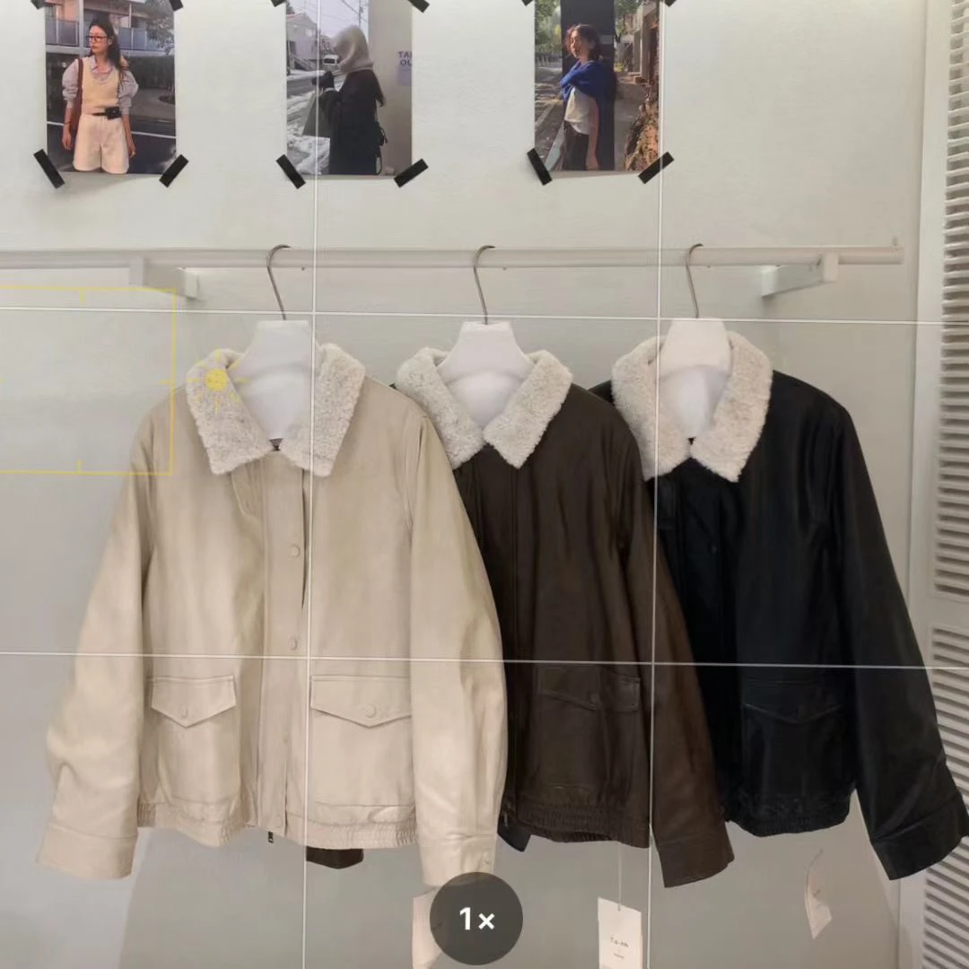 Giacca in pelle coreana con collo in pelliccia di agnello da donna, taglie forti, versatile, snellente, foderata in pile, stile biker, per la parte superiore del corpo