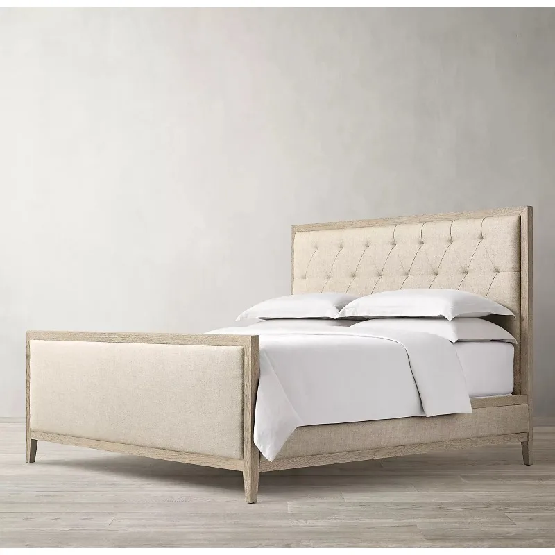 Retro oak linen fabric soft bag bed Italian style first layer cowhide double bed