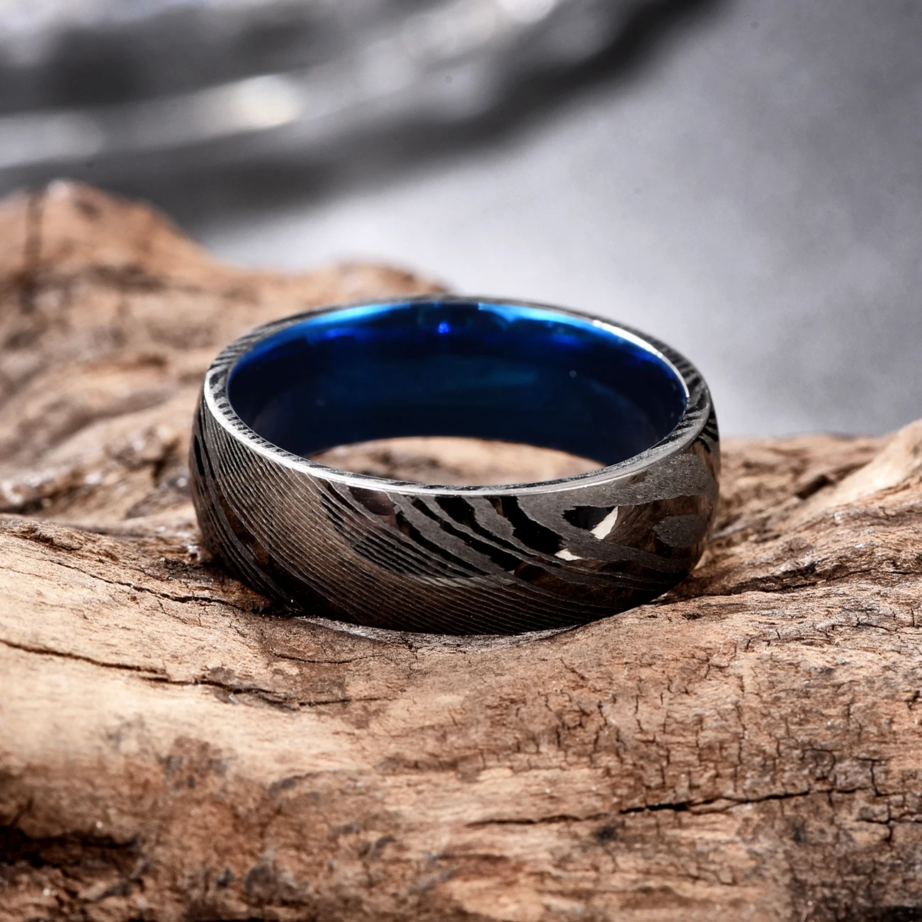 Nuncad 8mm Gun Grey Damascus Steel Blue Inner Ring for Men Engagement Rings Jewelry Size 7-12