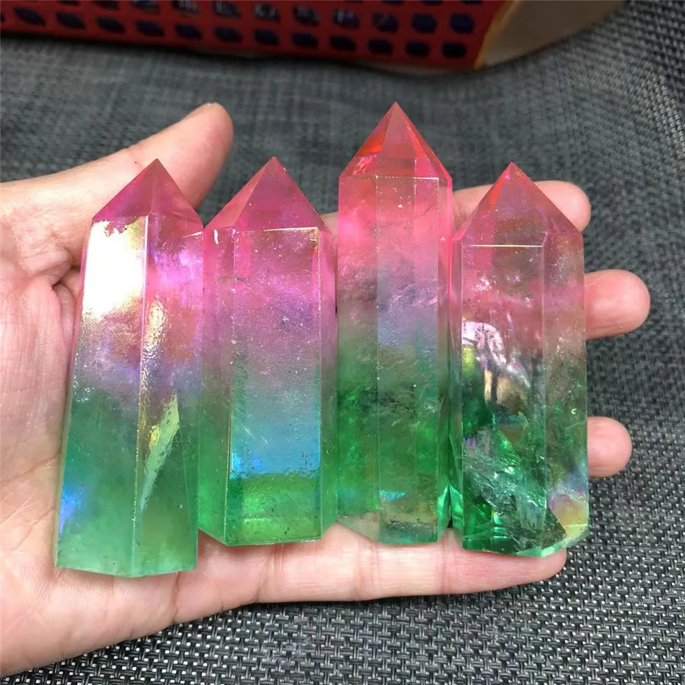 Natural Aura Clear Quartz pink and green Crystal Point Electroplating Wand Healing Stone Energy Quartz Reiki Tower for Gifts