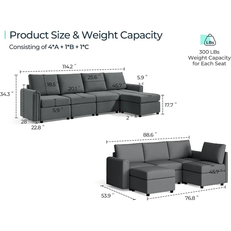 Modular Sectional Sofa, Convertible L Shaped Sofa Couch with Storage, Memory Foam, Modular Sectionals with Ottomans, 5 Sea