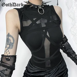 Goth Dark Fairy Grunge Mesh Cross Sheer Sleeveless Crop Tops Gothic Chic Bandage Tank Top Mall Basic Women Vest Alt Streetwear