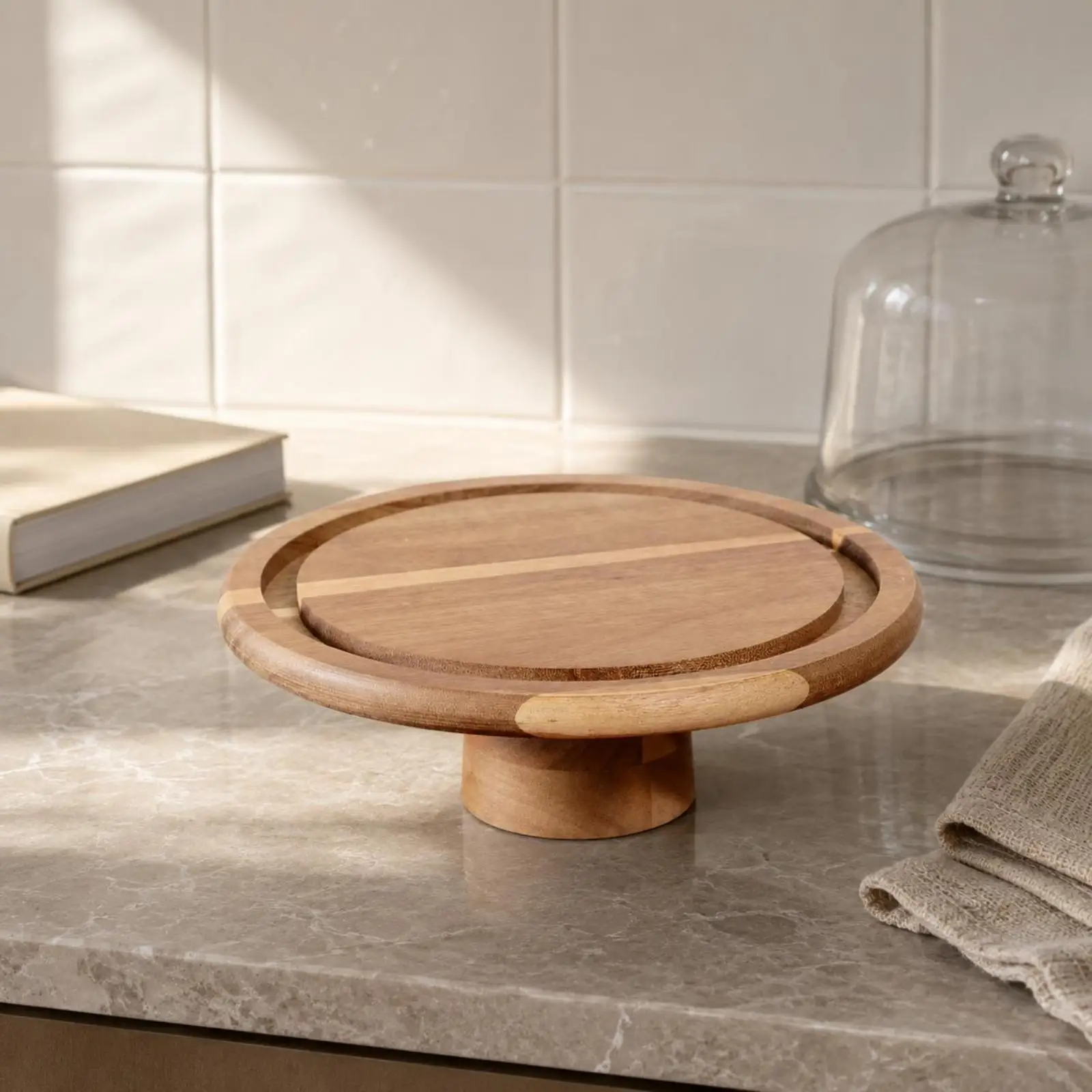 Round wooden cake stand with raised wooden base, serving tray,