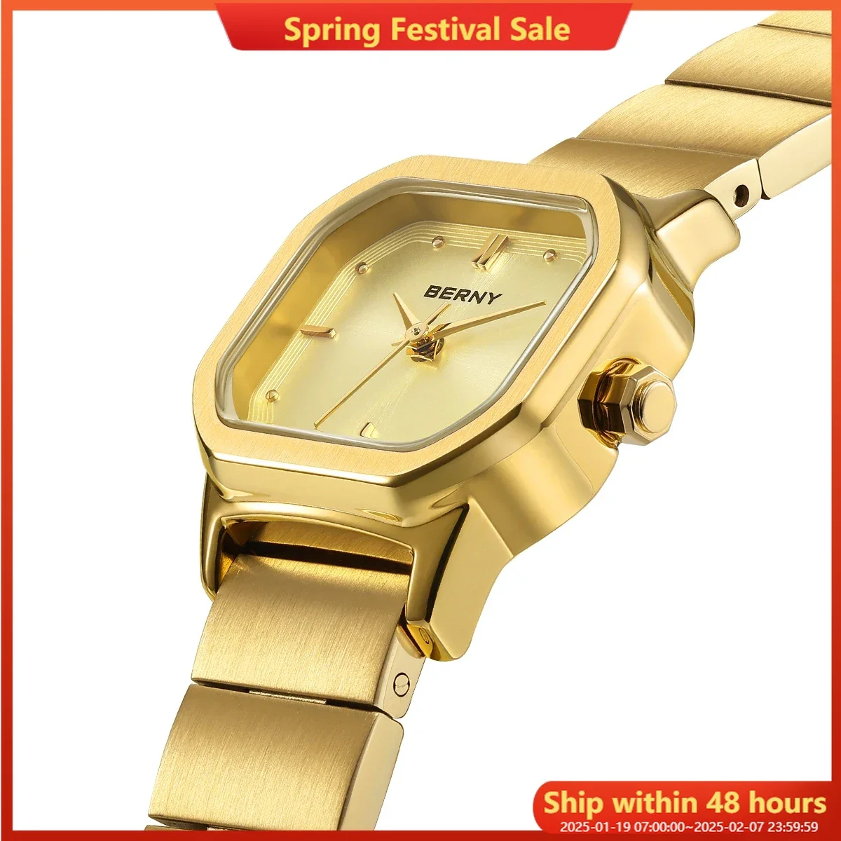 BERNY Women's Watches Gold Full Stainless Steel Square Quartz Watch for Women Simple Small Dial Ladies Dress Wristwatch