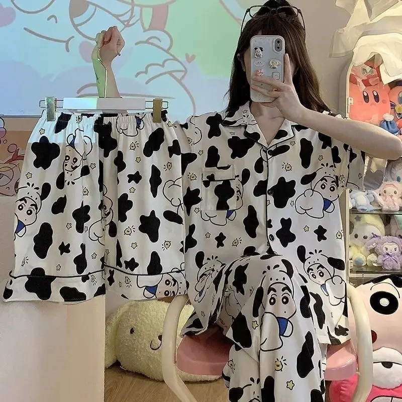 Cute Cartoon Crayon Shin-Chan Sleepwear Women's Summer 2026 New Short Sleeved Student Style Three Piece Set Home Clothes Anime