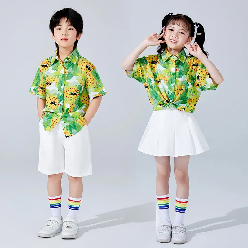 

Summer Kids Clothing Sets Fashion Print Short Sleeve Shirt Top + White Shorts Skirt Suit Children Streetwear Costume Stage Wear