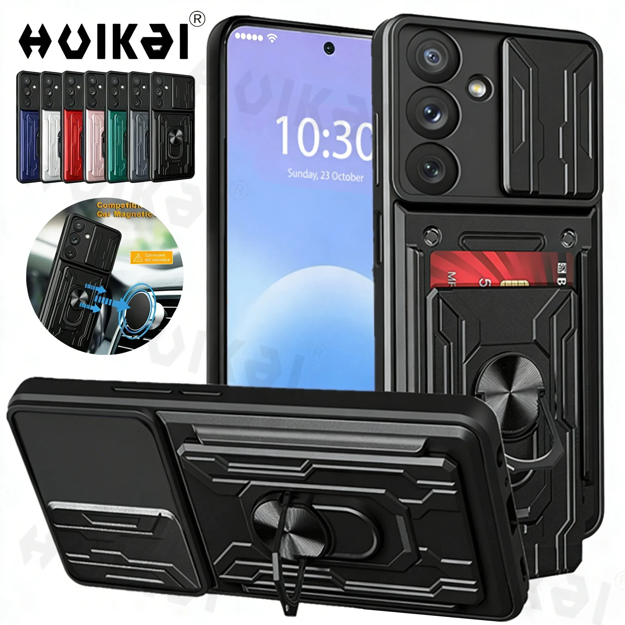 Für Samsung Galaxy Hülle A57 A37 A56 A36 mit Kartenhalter Schiebe-Kameraabdeckung Militärischer Fallschutz Ring-Ständer-Cover
