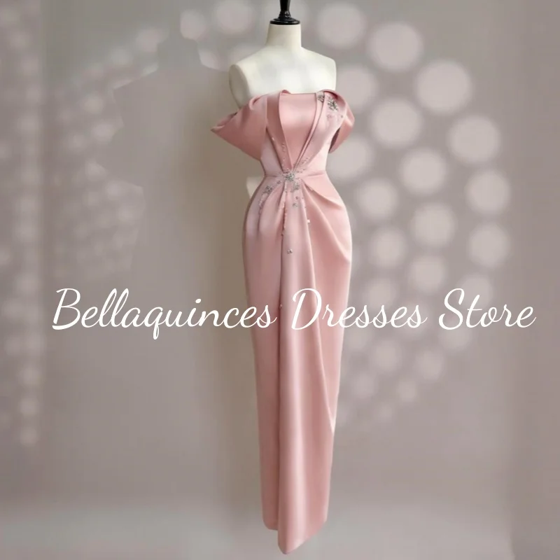 여성용 우아한 인어 핑크 새틴 이브닝 드레스, 러플 포함, 럭셔리 라인석 구슬 장식 긴 무도회 가운, 맞춤형 가운