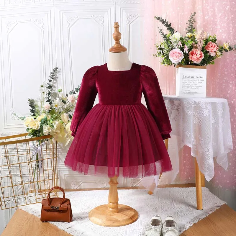 Christmas Kids Girls Dress Solid Color Square Neck Long Puff Sleeve Dress Autumn Winter Layered Tulle Casual Princess Dresses