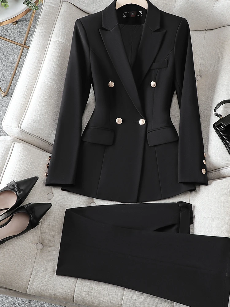 Gray Black Blue White Fashion Women Pant Suit Long Sleeve Solid Ladies Blazer and Trouser Formal 2 Piece Set For Autumn Winter