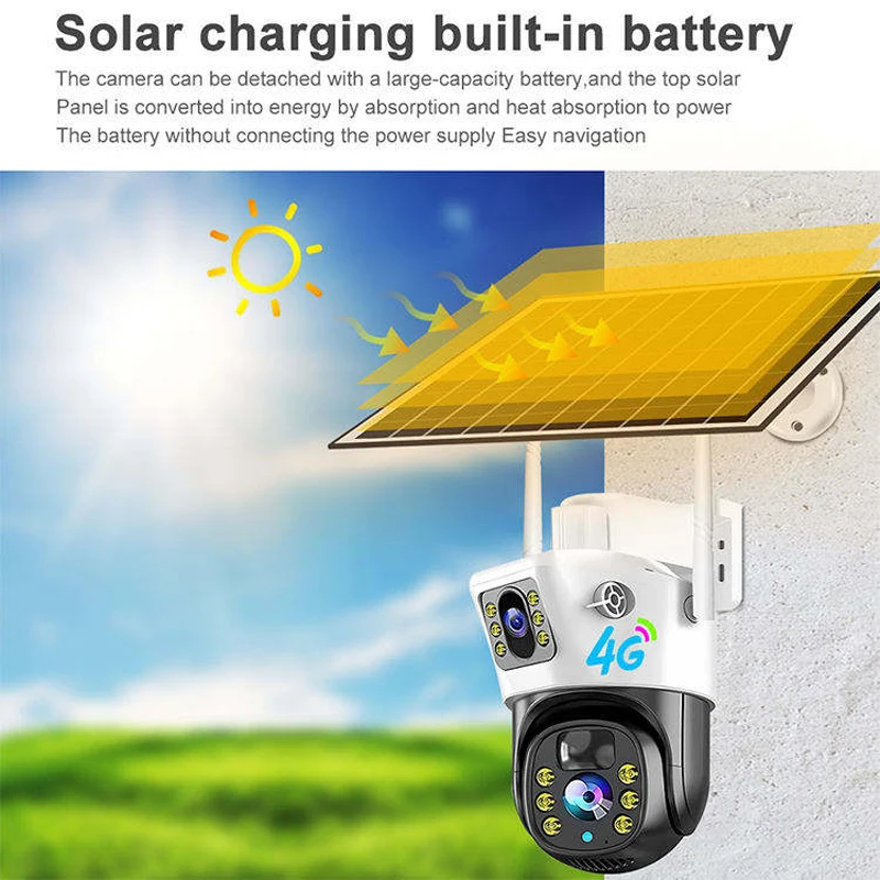 Dual Lens Screen 10W Solar Panel 12000mah Battery PIR Human Detection AutoTracking 4G Solar Powered Wireless Security