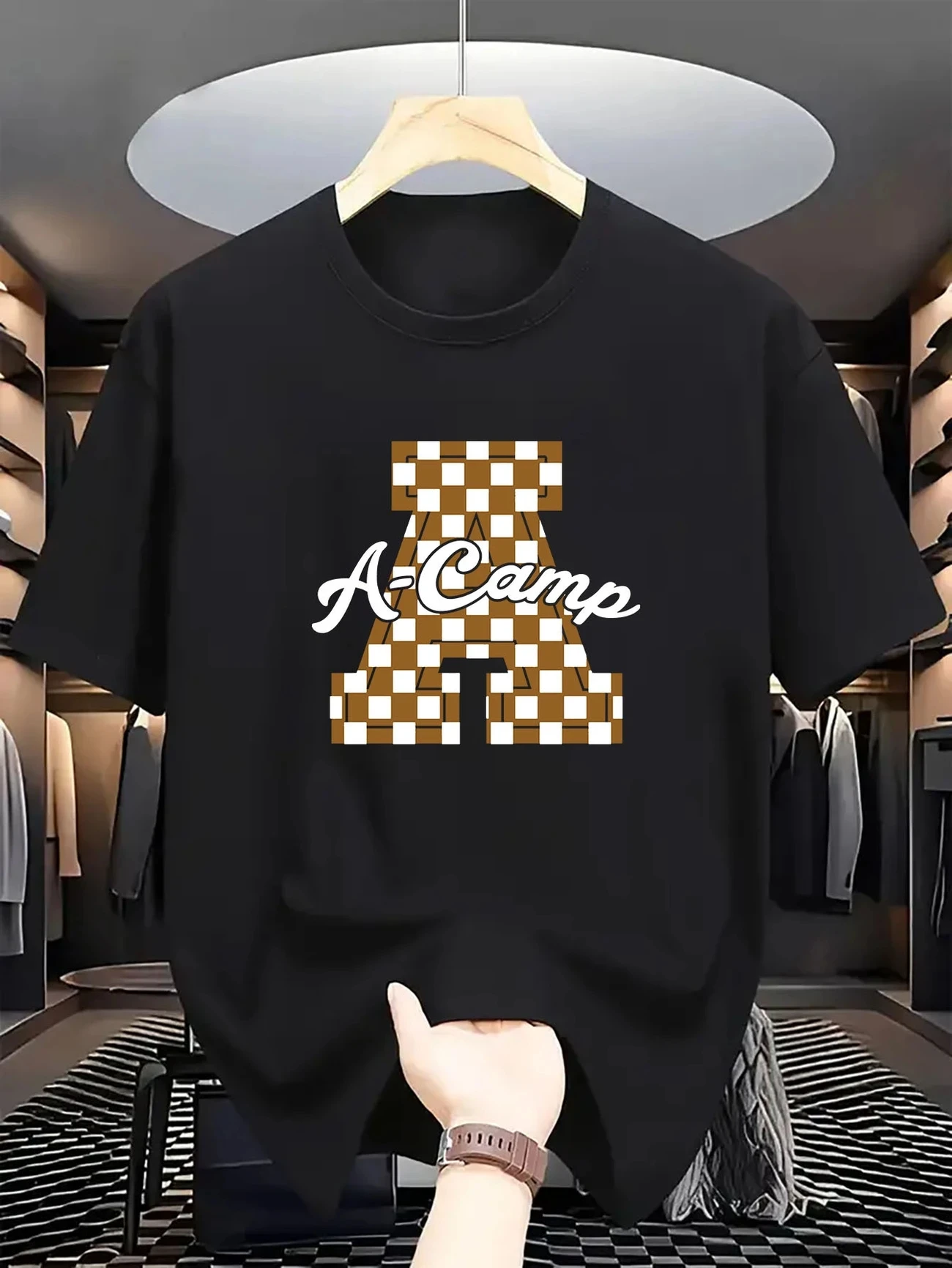 

Новинка лета 2024, мужская повседневная футболка из 100% хлопка с буквенным принтом в шахматном порядке, повседневная спортивная футболка с короткими рукавами на открытом воздухе