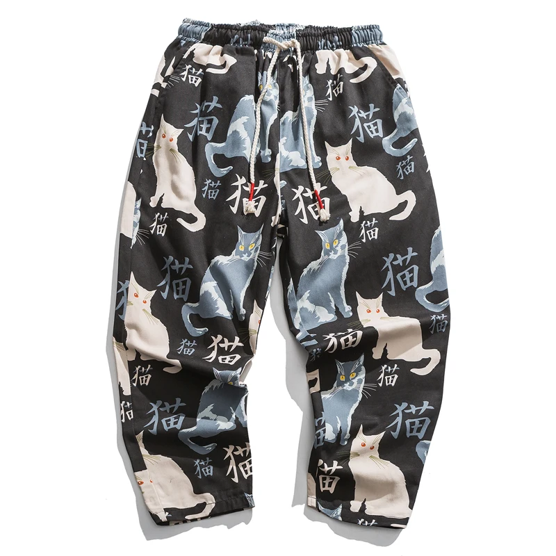 Mens Joggers Hip Hop Cat Print Pants Streetwear Ankle Length Pants