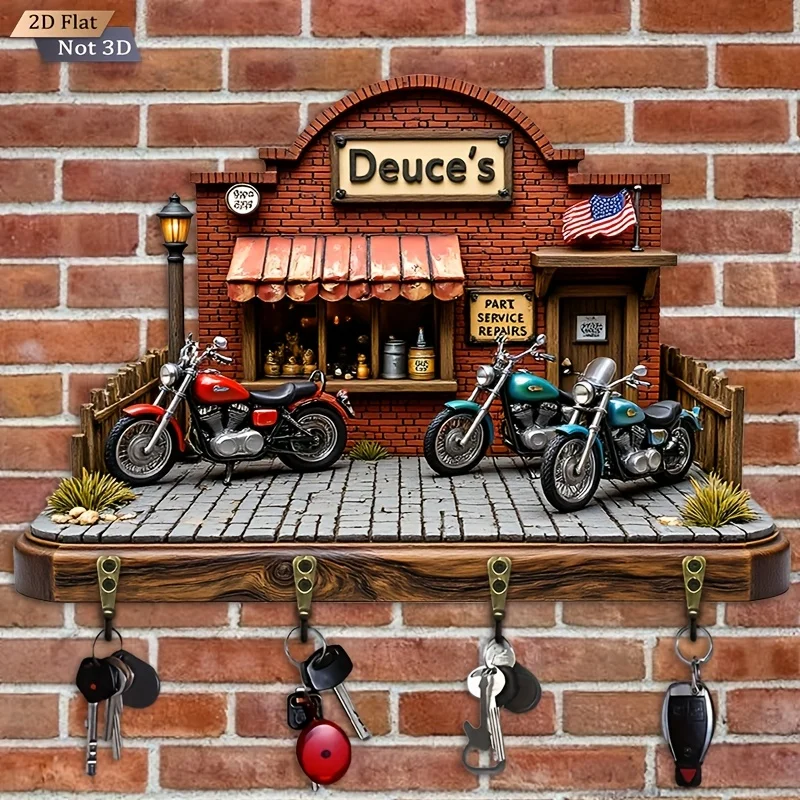 2D Flat.1pc. Vintage Motorcycle Themed Key Hook - Multifunctional Decorative Key Rack, with four metal hooks, wall decoration,