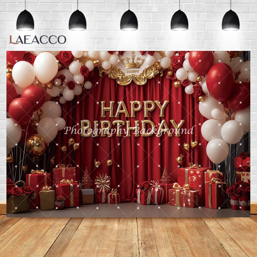Happy Birthday Red Balloons Gift Photography Background Luxury Sofa Cake Decoration Women Birthday Party Portrait Photo Backdrop