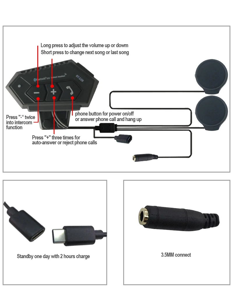 Motorcycle Intercom Headset BT-12B Music Wireless Waterproof Takeaway Rider Headphone for Safe