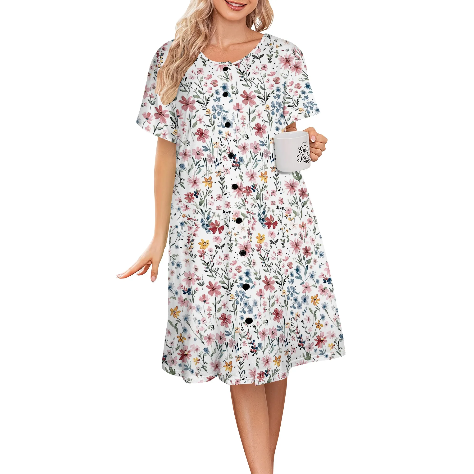 

Women's Short Sleeve Button Down T Shirt Dresses Flowy Babydoll Little Dainty Flower Pattern Dress Loose Swing Beach Dress