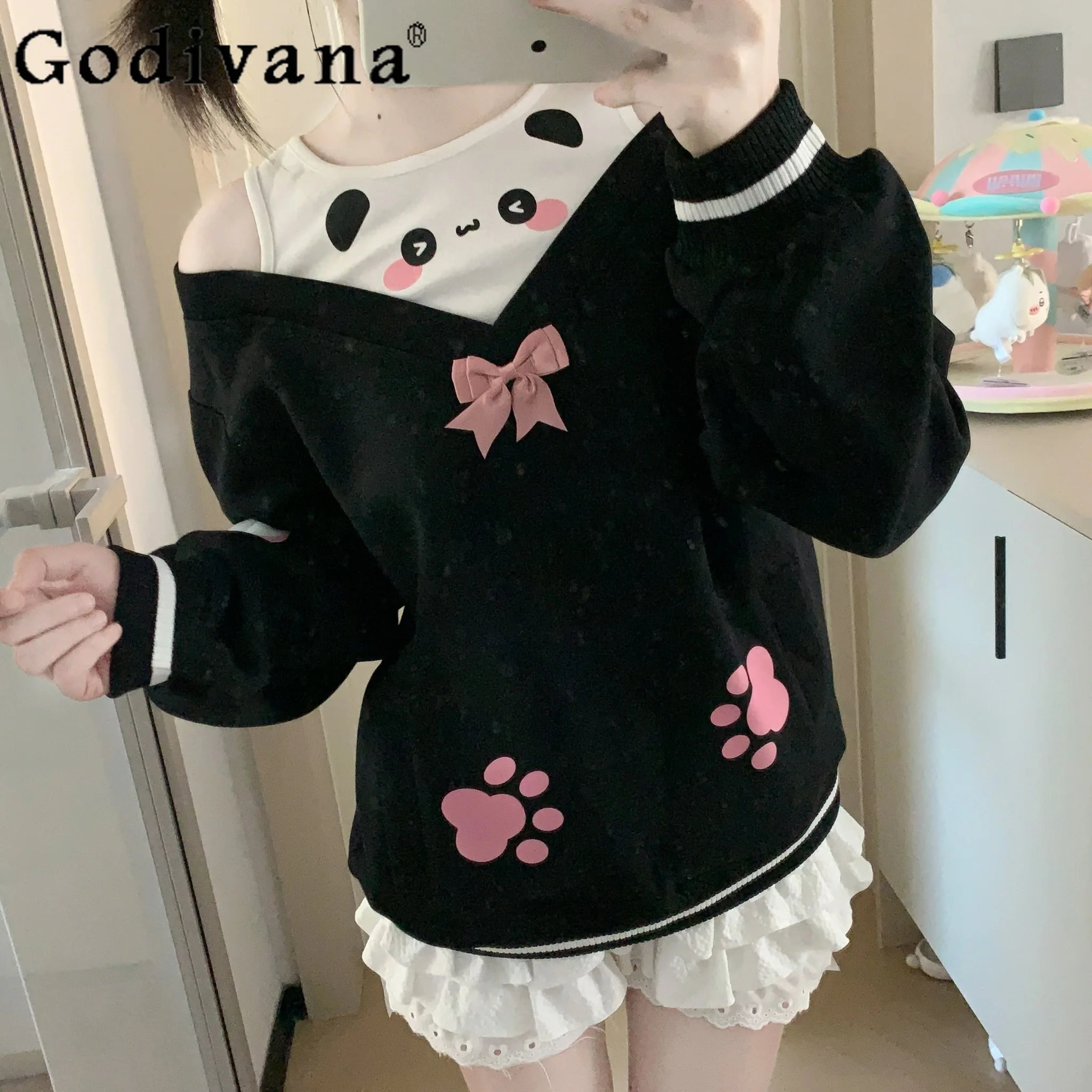 Original Girls Fake Two-Piece Cute Panda Off Shoulder Long Sleeve Sweatshirt Female Autumn New Casual Pullover Daughters Clothes