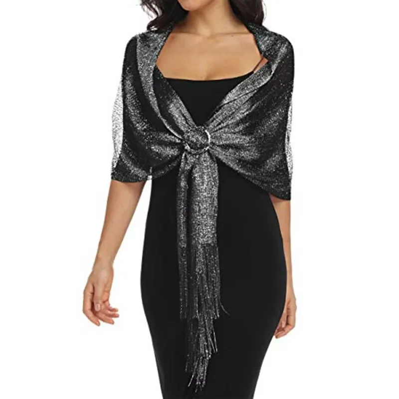شالات شرابة بلون سادة للنساء شالات معدنية متألقة ويلتف بإبزيم لفساتين الحفلات المسائية وحفلات الزفاف
