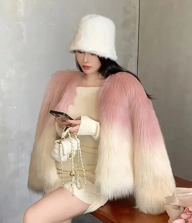 FANIECES Fashion Gradient Faux Fox Fur Coat Cardigan Winter Tops Outerwear Long Sleeve O Neck Fluffy Luxury Feather Jacket 코트