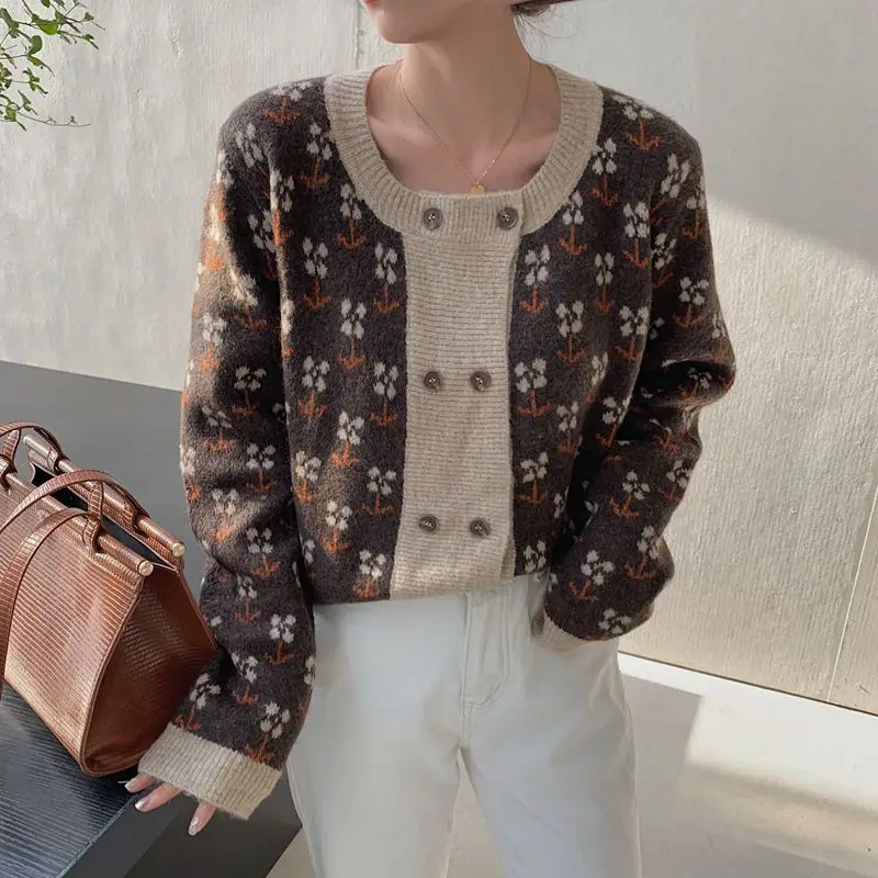 Sweet Knitting Cardigan Women Autumn Winter Fashion Floral Loose O-neck Sweater Coat Office Lady All-match Casual Knitwear Tops