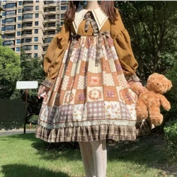 Victorian Gothic Lolita OP Dress Women Kawaii Blaid Bow Cartoon Print Long Sleeves Princess Dresses Girls Punk Y2k Party Dresses