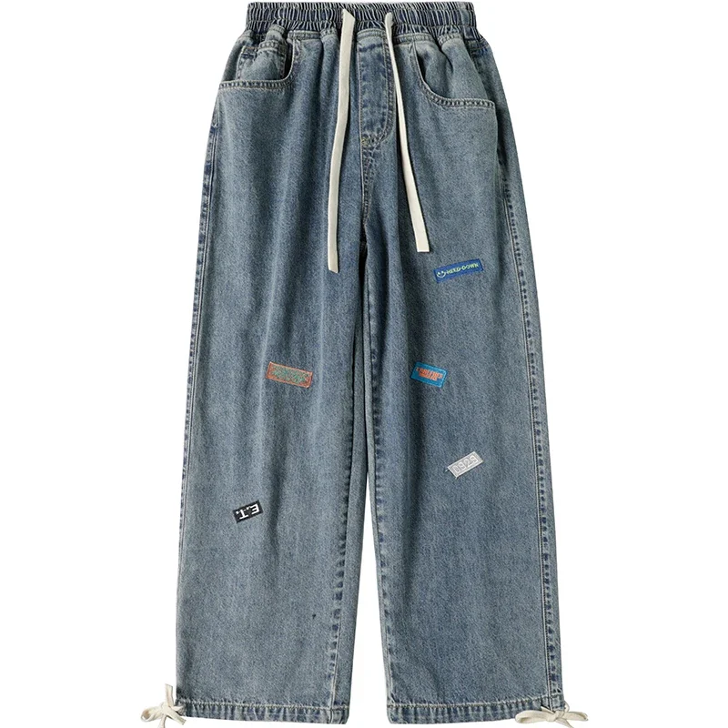 Pantalones vaqueros desgastados con bordado de Hip Hop para hombre, pantalones informales sueltos de calle con cordón, atados al tobillo