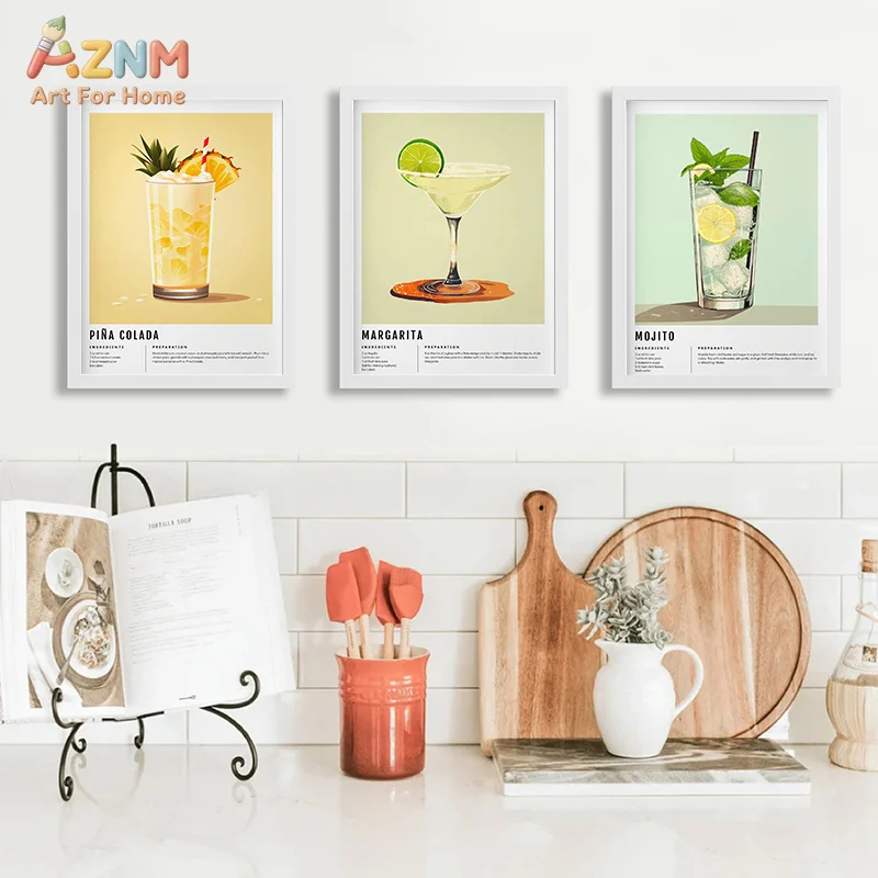 AZNM Classic Cocktail Canvas Wall Art Mojito Gin Tonic Martini Retro Drink Recipe Bar Kitchen Decor Poster Unframed