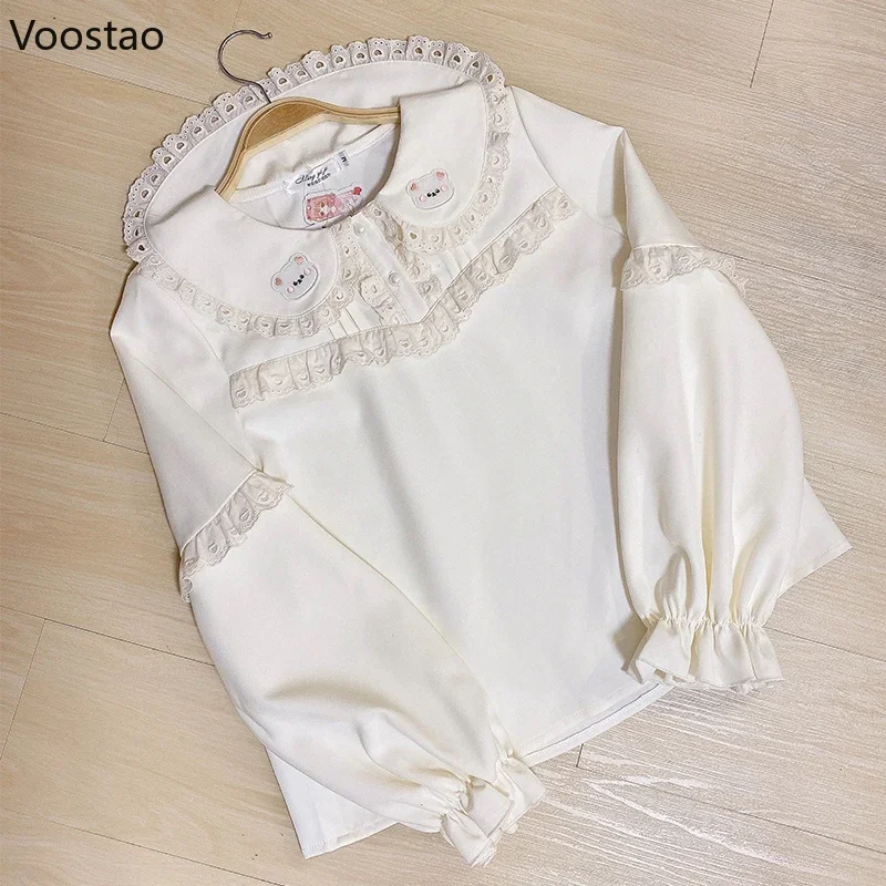 Japanese Kawaii Lolita Shirt Women Cute Lace Peter Pan Collar Cartoon Bear Embroidery Puff Sleeve Blouses Sweet Princess Clothes