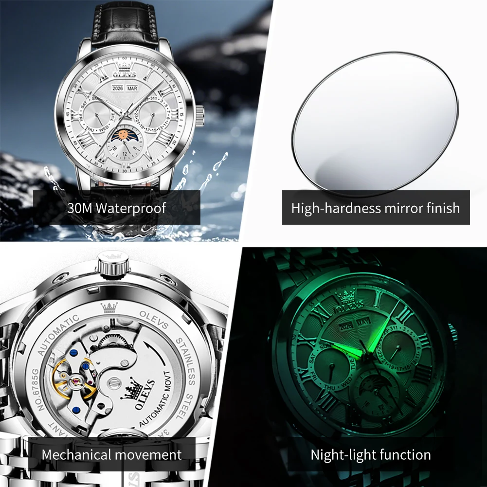 OLEVS Automatic Man Watch Original Luxury Brand Moon Phase Perpetual Calendar Business Mechanical Wristwatches For Men New 6785 view 5