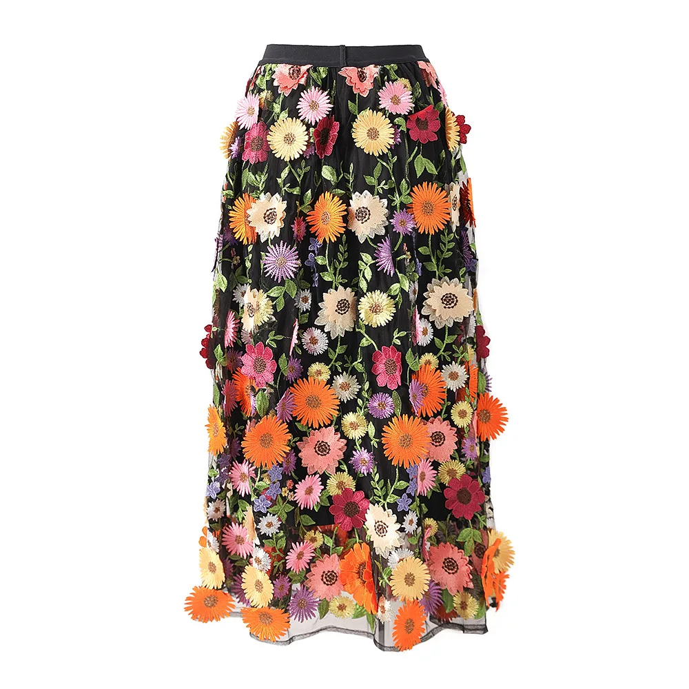 New Spring Summer Daisy Black Midi Skirt Sunflower Lace High Waist 3D Flowers Fresh Cute traf 2025 femme ropa mujer
