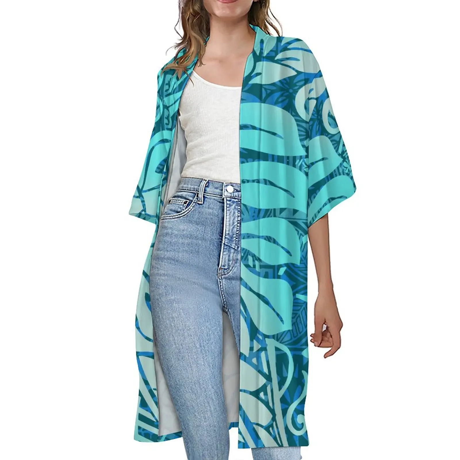 Tribal Ethnic Style Print Design Women'S Summer Short Sleeve Coat Polynesian Custom Women'S Loose Long Windproof Cardigan