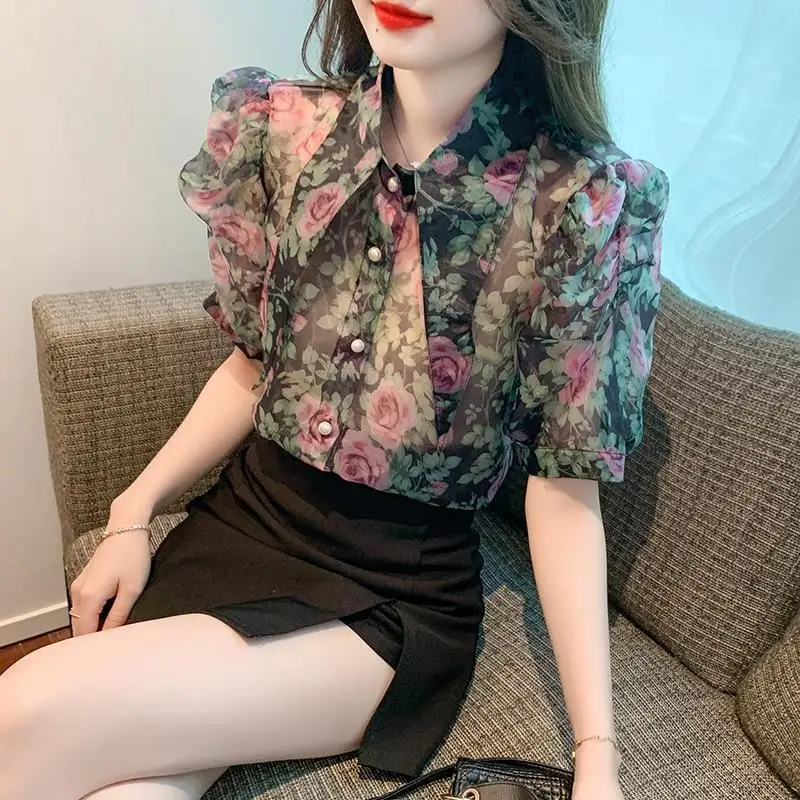 Summer Temperament Floral Blouse Femme Fashion Buttons Turn-down Collar Short Sleeve Perspective Women\'s Shirt Trend Top Tee