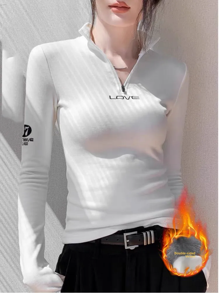 Women's Slim Fit High Neck T-Shirt Letter Print Base Layer Shirt German Velvet Warm Top Commute Style Long Sleeve Sweatshirt