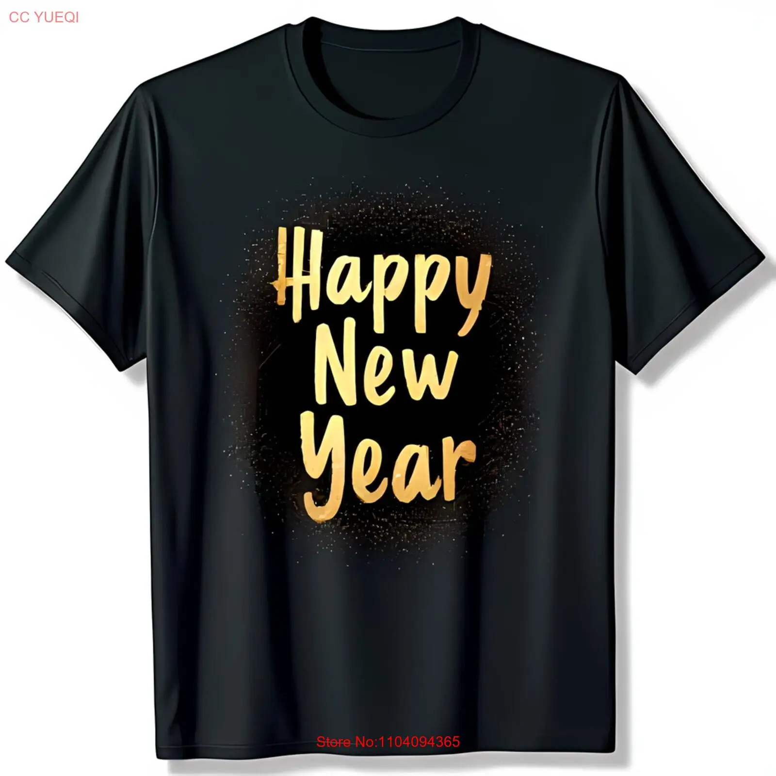 Sparkly Gold Happy New Year Graphic Black T-Shirt with Shimmery Design